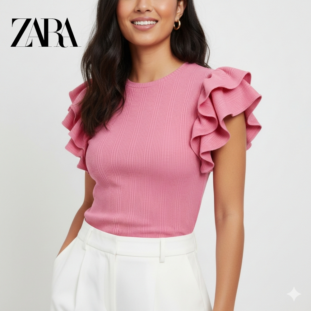 Sz S Zara Pink Ruffle‑Sleeve Ribbed Top